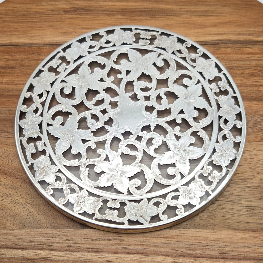 Vintage Webster Co. Filigree Sterling Silver And Glass 6 Inch Trivet Art Nouveau